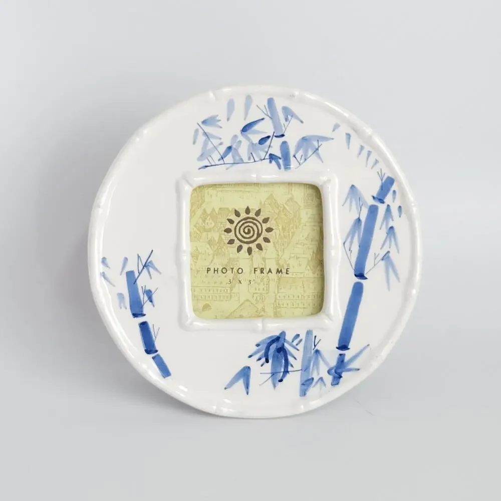 Vtg Picture Frame Ceramic Blue Handpainted Bamboo Asian Chinoiserie Coastal 3x3